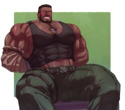 Rule 34 | 1boy, absurdres, arm hair, arms behind back, bara, barret wallace, beard, black hair, black tank top, bound, bulge, chair, chest hair, covered erect nipples, dark-skinned male, dark skin, dog tags, erection, erection under clothes, facial hair, final fantasy, final fantasy vii, ghangaji, green pants, highres, huge pectorals, male focus, muscular, muscular male, pants, pectoral cleavage, pectorals, short hair, shoulder hair, solo, tank top, undercut, variant set