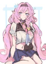 1girl black_hairband blue_eyes blue_skirt braid breasts cropped_shirt elf elowhyra elysia_(honkai_impact) hairband highres honkai_(series) honkai_impact_3rd long_hair medium_breasts midriff miniskirt navel pink_hair pointy_ears shirt simple_background single_braid skirt solo very_long_hair white_background white_shirt wrist_cuffs