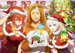 1boy 2girls allucia_citrus animal_costume antlers beryl_gardernant blonde_hair blue_eyes box breasts brown_hair capelet christmas christmas_tree dress facial_hair fake_antlers fur-trimmed_headwear fur_trim gift gift_box green_eyes hat horns katainaka_no_ossan_kensei_ni_naru long_hair looking_at_viewer male_focus merry_christmas multicolored_hair multiple_girls official_art open_mouth red_capelet red_hat reindeer_antlers reindeer_costume santa_costume santa_dress santa_hat shirt short_hair smile surena_lysandra white_hair