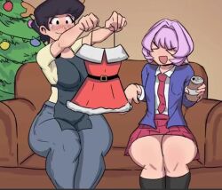Rule 34 | &gt; &lt;, 1girl, 1other, apron, black hair, blush, can, christmas tree, drink can, holaile, komi-san wa komyushou desu, komi shuuko, necktie, non-web source, open mouth, osana najimi (komi-san wa komyushou desu), purple hair, school uniform, short hair, skirt, sweetkitty, thick thighs, thighs, wide hips