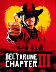 1other angusburgers berdly_(deltarune) bob_cut closed_mouth copyright_name cowboy_hat deltarune hair_over_eyes hat highres horse kris_(deltarune) meme noelle_holiday parody pipis_(deltarune) pointing pointing_at_viewer red_background red_dead_redemption_(series) red_dead_redemption_2 spade_(shape) stretched_berdly_(meme) susie_(deltarune) swept_bangs the_original_starwalker upper_body