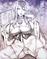 Rule 34 | 1girl, book, bracelet, breasts, bursting breasts, cameltoe, cleavage, cleavage cutout, clothing cutout, curvy, female focus, greyscale, headpiece, holding, holding book, huge breasts, japanese clothes, jewelry, licking, licking finger, long hair, long sleeves, looking at viewer, momofuki rio, monochrome, open mouth, panties, plump, pom pom (clothes), ribbon-trimmed panties, ribbon-trimmed sleeves, ribbon trim, sengoku bushouki muramasa, sidelocks, sitting, skindentation, solo, spread legs, tashiro sanki (sengoku bushouki muramasa), thick thighs, thighs, tongue, tongue out, translation request, underwear, wide hips, wide sleeves