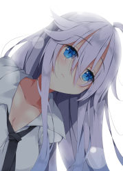 1girl ahoge black_necktie blue_eyes blush breasts cleavage closed_mouth collarbone collared_shirt commentary_request female_focus fuyou-chan hair_between_eyes head_tilt leaning_to_the_side long_hair looking_at_viewer medium_breasts milkpanda necktie original shirt silver_hair simple_background solo very_long_hair white_background white_shirt