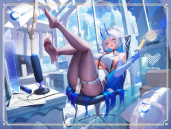 1girl ass blue_gloves blue_hair blue_horns breasts building clothing_cutout cloud cloudy_sky crosscore dk.senie food gloves green_eyes highres holding holding_food holding_popsicle horns indoors large_breasts long_hair long_sleeves looking_at_viewer microphone o-ring o-ring_thigh_strap pantyhose popsicle purple_pantyhose sideboob sky skyscraper solo suggestive_fluid thigh_strap underboob underboob_cutout very_long_hair window