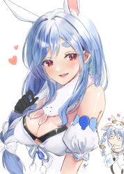 2girls animal_ears black_gloves black_leotard black_pantyhose blue_hair braid braided_ponytail breasts cleavage cosplay don-chan_(usada_pekora) dress fur-trimmed_gloves fur_trim gloves highres hololive large_breasts leotard leotard_under_clothes long_hair looking_at_viewer mature_female mother_and_daughter multicolored_hair multiple_girls open_mouth pantyhose pecco_(pecchn478) pekomama pekomon_(usada_pekora) rabbit-shaped_pupils rabbit_ears rabbit_girl red_eyes short_eyebrows smile streaked_hair symbol-shaped_pupils twin_braids usada_pekora usada_pekora_(1st_costume) usada_pekora_(cosplay) virtual_youtuber white_dress white_hair