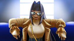 1girl absurdres blue_eyes blue_hair breasts coat fingernails glasses hair_intakes high-waist_pants highres hololive hololive_english large_breasts long_hair looking_at_viewer multicolored_hair official_alternate_costume official_alternate_hairstyle ouro_kronii ouro_kronii_(casual) pants smile solo solo_focus spriggantweet sweater sweater_tucked_in trench_coat twitter_username virtual_youtuber white_sweater