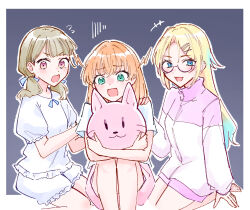 Rule 34 | +++, 3girls, alternate color, alternate costume, black background, blue eyes, blue ribbon, center-flap bangs, flying sweatdrops, glasses, gloom (expression), hair ornament, hair ribbon, highres, hinoshita kaho, hugging doll, hugging object, kachimachi kosuzu, knees up, link! like! love live!, long hair, long sleeves, love live!, low twintails, multiple girls, official alternate costume, open mouth, osawa rurino, osawa rurino (summer loungewear), pink eyes, pink shirt, pink shorts, ribbon, scared, seiza, semi-rimless eyewear, shirt, short shorts, shorts, sitting, sleeves past wrists, stuffed animal, stuffed cat, stuffed toy, twintails, under-rim eyewear, virtual youtuber, wariza, white shirt, white shorts, x hair ornament, zangemiya