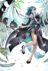 1girl angel_wings armpits bare_shoulders black_dress black_flower blue_hair blush braid braided_ponytail breasts closed_mouth detached_sleeves dizzy_(guilty_gear) dress feathered_wings feathers fingerless_gloves flower front_slit gloves guilty_gear guilty_gear_strive hair_flower hair_ornament halo hand_on_own_chest high_heels highres large_breasts long_hair low-tied_long_hair mature_female monster_girl necro_(guilty_gear) queen_dizzy red_eyes ribbon rodrigo_yoshimiya sidelocks smile solo spiked_halo swept_bangs tail tail_ornament tail_ribbon thick_thighs thighs undine_(guilty_gear) white_flower wings yellow_flower yellow_ribbon