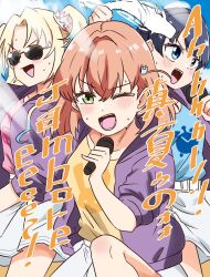 3girls :d ;d blonde_hair blue_eyes blue_hair blue_shirt blush character_logo collarbone commentary_request curtained_hair green_eyes hair_ornament hasu_no_sora_school_uniform hinoshita_kaho hood hooded_jacket jacket kanzaki_gou link!_like!_love_live! logo_print long_hair looking_at_viewer love_live! medium_hair multiple_girls murano_sayaka one_eye_closed open_clothes open_jacket open_mouth orange_hair osawa_rurino parted_bangs pleated_skirt print_shirt purple_jacket rabbit_hair_ornament school_uniform shirt skirt sleeves_pushed_up smile summer_uniform sunglasses teeth twintails two_side_up v-shaped_eyebrows virtual_youtuber white_skirt