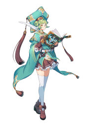 1girl animal_ears aqua_capelet aqua_shirt asymmetrical_hair bell belt black-framed_eyewear book brown_shoes brown_skirt butterfly_cut capelet choker cowbell cowlick crossed_legs donut_hair_bun fold-over_boots frilled_skirt frills full_body furisode_sleeves green_choker green_hair green_sailor_collar hair_bun hair_ornament hand_up highres holding holding_book holding_quill ichiri juliet_sleeves layered_sleeves long_sleeves looking_at_viewer neck_bell no_nose open_book original pleated_skirt puffy_sleeves quill round_eyewear sailor_collar shirt shoes short_hair sideways_glance single_hair_bun skirt sleeves_past_wrists solo split_mouth standing star-shaped_hat sweatdrop swept_bangs tachi-e tassel tassel_hair_ornament thighhighs untucked_shirt watson_cross white_belt white_thighhighs wind yellow_eyes zettai_ryouiki