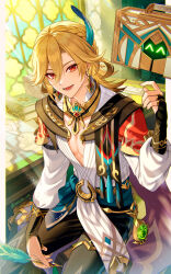 1boy ^_^ black_pants blonde_hair book book_stack border brown_coat cape closed_eyes coat commentary desk earrings feather_hair_ornament feathers feet_out_of_frame genshin_impact hair_ornament highres holding holding_quill indoors jewelry kaveh_(genshin_impact) long_sleeves looking_at_viewer male_focus mehrak_(genshin_impact) michi_(iawei) necklace open_mouth pants pectorals plunging_neckline quill red_cape red_eyes shirt smile solo stained_glass suitcase two-sided_cape two-sided_fabric white_shirt window