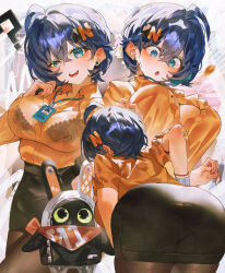 Rule 34 | 1girl, ?, alternate costume, ass, bangboo (zenless zone zero), belle (zenless zone zero), black pantyhose, black skirt, blue hair, breasts, collared shirt, eous (zenless zone zero), green eyes, hair ornament, highres, id card, indol, lanyard, large breasts, letter hair ornament, long sleeves, multiple views, open mouth, orange shirt, pantyhose, pencil skirt, popped button, see-through clothes, see-through shirt, shirt, short hair, skirt, zenless zone zero