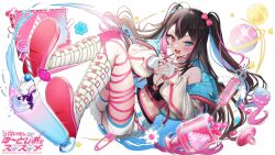 1girl ahoge artist_name biohazard_symbol black_bustier black_hair blush bow breasts bustier cleavage cleavage_cutout clippers clothing_cutout collar cover_image cream cup detached_collar diamond_(shape) drink drinking_glass drinking_straw ear_piercing earrings eyelashes fang fingerless_gloves flower_symbol food gloves gouhou_batsuko hair_bow hair_ornament heart heart_cutout heart_earrings heart_hair_ornament heart_hands heart_sticker heterochromia indie_virtual_youtuber jacket jewelry kuma_daigorou leg_ribbon leg_up long_hair looking_at_viewer macaron medium_breasts midriff multicolored_hair navel official_art open_clothes open_jacket open_mouth padded_jacket paperclip piercing pixelated reclining ribbon shoes shorts simple_background sitting sleeveless song_name spaghetti_strap sparkle star_(symbol) sticker streaked_hair sweets syringe thigh_ribbon thighs twintails watermark white_background zipper