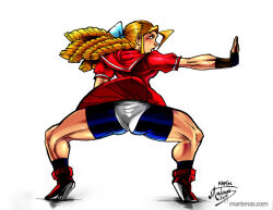 Rule 34 | 1girl, ass, blonde hair, boots, capcom, fighting stance, gloves, hair ribbon, high heel boots, high heels, kanzuki karin, lipstick, makeup, martenas, ribbon, shirt, shorts, skirt, solo, squatting, street fighter