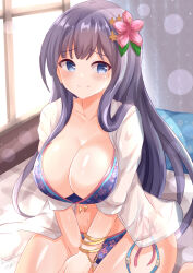 1girl bangle bikini black_hair blue_bikini blue_eyes blush bracelet breasts cleavage closed_mouth collarbone commentary_request day flower hair_flower hair_ornament highres indoors jewelry large_breasts long_hair looking_at_viewer misumi_aoi on_bed ongeki open_clothes open_shirt pillow pink_flower see-through_clothes shirt side-tie_bikini_bottom smile solo sunlight swimsuit very_long_hair white_shirt window xenon_(for_achieve)