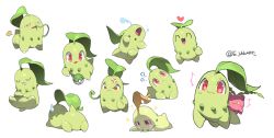 ? ?? alternate_color anger_vein chikorita closed_eyes drooling e_volution friend_ball gen_2_pokemon heart hoppip multiple_views nintendo no_humans plant poke_ball pokemon pokemon_(creature) red_eyes shiny_and_normal shiny_pokemon sleeping smile twitter_username u_u vines white_background yellow_eyes