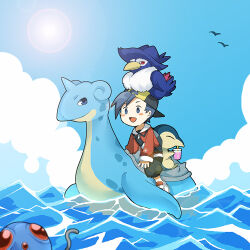 1boy blue_sky cyndaquil ethan_(pokemon) gen_1_pokemon gen_2_pokemon gen_4_pokemon honchkrow lapras nintendo pokemon sky tentacool water