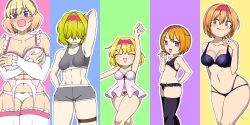 5girls :q absurdres alice_margatroid arm_up armpits babydoll blonde_hair blue_eyes blush bow bow_panties bra breasts cigarette cleavage closed_mouth column_lineup commentary_request cookie_(touhou) cowboy_shot dolphin_shorts embarrassed flat_chest frilled_hairband frilled_panties frills garter_belt grey_shorts grey_sports_bra grin hair_over_eyes hairband highres hinase_(cookie) holding holding_cigarette ichigo_(cookie) jigen_(cookie) large_breasts long_bangs looking_at_viewer medium_breasts multiple_girls navel open_mouth orange_eyes orange_hair panties pink_babydoll red_hairband sakuranbou_(cookie) short_hair shorts small_breasts smile sports_bra taisa_(cookie) thighhighs tongue tongue_out touhou underwear underwear_only v-shaped_eyebrows white_bra white_panties white_thighhighs yamaimosatoimo