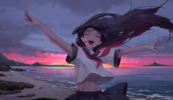 Rule 34 | 1girl, a kite (akitee), absurdres, beach, black hair, closed eyes, clothes lift, cloud, collared shirt, highres, long hair, midriff peek, mountain, navel, neckerchief, ocean, open mouth, original, outstretched arms, pleated skirt, red neckerchief, sailor, sailor collar, scenery, school uniform, serafuku, shirt, shirt lift, shirt overhang, skirt, sky, solo, spread arms, standing, stomach, sunset, teeth, tongue, upper teeth only, very long hair, white shirt