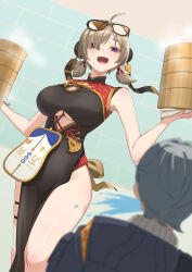 1boy 1girl black_dress breasts china_dress chinese_clothes dress grey_hair highres large_breasts purple_eyes shiroi_ume short_hair sunglasses sweety_(zenless_zone_zero) wise_(zenless_zone_zero) zenless_zone_zero
