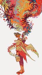 1boy abstract adapted_costume arrow_(projectile) axolotl bird_boy bird_wings blonde_hair bucket bucket_hat cape ciearcab colorful commentary english_commentary geta hat highres holding holding_bucket leaf male_focus minecraft_youtube orange_theme ph1lza plant quiver sandals short_hair simple_background solo standing striped_clothes striped_headwear surreal water white_background wings