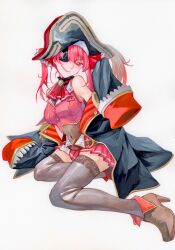 1girl absurdres arrow_through_heart ascot bare_shoulders black_coat black_hat black_thighhighs boots breasts brown_boots cleavage coat covered_navel hat heart heart_necklace high_heel_boots high_heels highres hololive houshou_marine jewelry leotard leotard_under_clothes long_sleeves looking_at_viewer necklace pirate pirate_hat red_ascot red_hair see-through_cleavage see-through_clothes see-through_leotard sitting sleeveless sleeveless_jacket solo thighhighs traditional_media uten_kkk virtual_youtuber yokozuwari