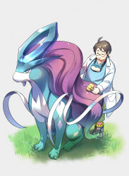 Rule 34 | 1boy, ahoge, blue shirt, brown hair, brushing animal, closed eyes, closed mouth, coat, commentary request, gen 2 pokemon, glasses, grass, grey footwear, hair brush, highres, holding, legendary pokemon, long sleeves, male focus, professor neroli, nintendo, open clothes, open coat, pants, pokemon, pokemon (creature), pokemon sleep, round eyewear, shigeru (tezx2228), shirt, shoes, short hair, sleep mask, smile, sparkle, suicune, white coat