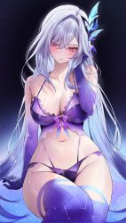 1girl absurdres alternate_costume bare_shoulders blush breasts cleavage closed_mouth collarbone commentary elbow_gloves front-tie_top genshin_impact gloves grey_hair groin hair_between_eyes hair_intakes hair_ornament hand_up highleg highleg_panties highres lace_trim large_breasts lingerie long_hair navel panties purple_gloves purple_thighhighs red_eyes sitting skirk_(genshin_impact) solo stomach thighhighs thighs underwear very_long_hair vitaminechan