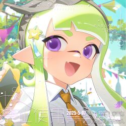 Rule 34 | 1girl, 2025, :d, artist name, blurry, blurry background, bow, bow hairband, cellphone, collared shirt, dated, fang, green hair, grey bow, grey hairband, hair bow, hair ornament, hairband, highres, holding, holding phone, inkling, inkling girl, inkling player character, long hair, looking at viewer, necktie, nintendo, open mouth, orange necktie, pabuk5w, phone, pointy ears, portrait, purple eyes, shirt, skin fang, smartphone, smile, solo, splatoon (series), star (symbol), star hair ornament, tentacle hair, watermark, white shirt