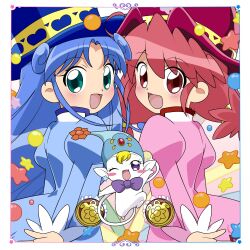 2girls :d ;d ahoge aqua_eyes blonde_hair blue_coat blue_hair blue_hat blue_ribbon blush blush_stickers border bow bowtie chaimaou coat commentary creature crest curly_hair dot_nose earrings fairy fine_(futagohime) from_behind fushigiboshi_no_futago_hime gem green_ribbon hair_between_eyes hair_intakes hat hat_ornament highres jeweled_hat jewelry long_hair long_sleeves looking_at_viewer looking_back low_twintails matching_outfits medallion multiple_girls one_eye_closed open_mouth overcoat pebble phrygian_cap pink_background pink_coat pointy_ears puffy_long_sleeves puffy_sleeves pumo_(futagohime) purple_bow purple_bowtie purple_eyes red_eyes red_gemstone red_hair rein_(futagohime) ribbon siblings sisters smile star_(symbol) star_earrings sun_hat_ornament tail top_hat twins twintails white_border yellow_ribbon