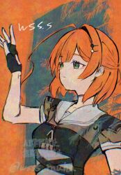 1girl adversarial_noise ahoge artist_name black_gloves choker fingerless_gloves gloves green_eyes grey_choker grey_sailor_collar grey_shirt hair_ornament hairclip huge_ahoge kantai_collection kaya_(kancolle) orange_hair sailor_collar sailor_shirt school_uniform serafuku shirt short_hair short_sleeves solo twitter_username watermark wss_(nicoseiga19993411)