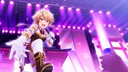 1girl :d blush boots brown_boots brown_eyes brown_hair brown_shirt elbow_gloves game_cg gloves glowstick hair_between_eyes holding holding_microphone idol_clothes jewelry knee_boots lace-up_boots looking_at_viewer microphone official_art open_mouth overskirt penlight_(glowstick) pleated_skirt purple_skirt reaching reaching_towards_viewer shidou_maki_(toji_no_miko) shirt short_hair skirt smile solo stage stage_lights teeth thighhighs toji_no_miko toji_no_miko:_kizamishi_issen_no_tomoshibi upper_teeth_only v-shaped_eyebrows white_gloves white_skirt white_thighhighs