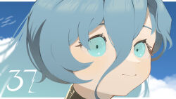 1girl 37_(reverse:1999) absurdres blue_eyes blue_hair blue_sky character_name closed_mouth cloud daku_k eyelashes gold_choker hair_between_eyes highres long_hair reverse:1999 sky smile solo very_long_hair