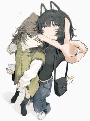 2girls absurdres animal_ears black_bag black_boots black_hair black_shirt blue_eyes boots brown_eyes brown_hair buttons charm_(object) closed_mouth denim dot_mouth full_body green_vest highres jeans long_sleeves looking_at_viewer medium_hair multiple_girls original pan-chan_(takaya_riku) pants shadow shirt shoes simple_background takaya_riku v vest white_background white_shirt white_shoes