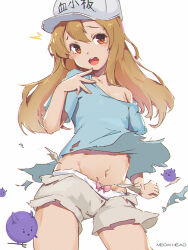 1girl artist_name baseball_cap blue_shirt bow bow_panties brown_hair brown_shorts commentary_request finger_to_mouth flat_chest hat hataraku_saibou looking_at_viewer meow_head midriff navel open_mouth orange_eyes panties platelet_(hataraku_saibou) shirt shorts simple_background single_bare_shoulder single_off_shoulder solo tearing_up teeth torn_clothes torn_shirt torn_shorts underwear upper_teeth_only white_background white_hat white_panties
