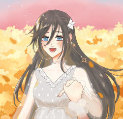 2girls ashley_(shining_nikki) autumn blue_eyes collared_shirt commentary_request covered_collarbone dress earrings eyelashes falling_leaves female_pov floating_earrings frilled_shirt_collar frilled_sleeves frills grey_dress grey_hair hair_between_eyes highres holding_hands jewelry kohanai_setsuna leaf light_blush light_particles lipstick long_hair long_sleeves looking_at_viewer lower_teeth_only makeup multiple_girls nikki_(nikki) nikki_(series) nostrils open_mouth outdoors pinafore_dress pink_lips pink_sky pointy_nose polka_dot polka_dot_dress polka_dot_shirt pov see-through_clothes see-through_shirt shining_nikki shirt single_sidelock sky sleeveless sleeveless_dress smile solo_focus sphere_earrings sun_earrings sunset teeth upper_body very_long_hair white_shirt