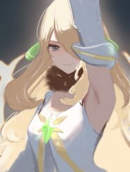 1girl arm_up armpits black_hair blonde_hair blurry blurry_background breasts cleavage cynthia_(arc_suit)_(pokemon) cynthia_(pokemon) dress grey_background hair_over_one_eye highres long_hair looking_at_viewer medium_breasts nintendo pokemon pokemon_masters_ex presenting_armpit ringosan2329 simple_background smile solo upper_body very_long_hair white_dress