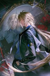 Rule 34 | 1boy, ahoge, black coat, black pants, black sclera, blonde hair, blue shirt, blurry, broken mirror, closed mouth, coat, colored sclera, commentary, cowboy shot, depth of field, different reflection, duetrofl, english commentary, flower, from side, grin, hand in pocket, highres, hugo vlad, long hair, long sleeves, looking at viewer, low ponytail, male focus, mirror, necktie, open clothes, open coat, pants, parted bangs, pointy ears, ponytail, profile, purple necktie, red eyes, red flower, red rose, reflection, rose, shirt, smile, solo, standing, very long hair, zenless zone zero