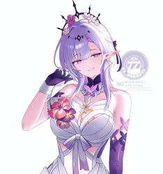 Rule 34 | 1girl, asymmetrical gloves, bare shoulders, black tiara, breasts, castorice (honkai: star rail), commentary, elbow gloves, flower, gloves, hair flower, hair ornament, honkai: star rail, honkai (series), k3 uddo019, large breasts, long hair, pointy ears, purple eyes, purple gloves, purple hair, simple background, smile, solo, symbol-only commentary, tiara, uneven gloves, upper body, white background