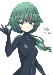 1girl :3 absurdres black_bodysuit blush bodysuit breasts character_name closed_mouth commentary_request flank green_eyes green_hair highres latex latex_bodysuit long_hair looking_at_viewer original ponytail shery_(flank) simple_background solo white_background
