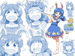 1girl @_@ ^^^ animal_ears blue_dress blue_hair blue_theme commentary_request crescent_print dress earclip holding holding_mallet kine mallet multiple_views open_mouth parody puffy_short_sleeves puffy_sleeves rabbit_ears red_eyes seiran_(touhou) shinryaku!_ikamusume shirosato short_hair short_sleeves smile socks star_(symbol) star_print tearing_up tears title_parody touhou wavy_mouth white_legwear