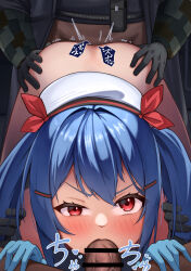 1girl 2boys blue_gloves blue_hair blush colphne_(girls&#039;_frontline_2) doggystyle fellatio girls&#039;_frontline girls&#039;_frontline_2:_exilium gloves grabbing_another&#039;s_hair hair_ornament hairclip half-closed_eye hands_on_another&#039;s_hips hat hetero highres multiple_boys oral penis red_eyes risky_(risky1249) sex sex_from_behind solo_focus spitroast