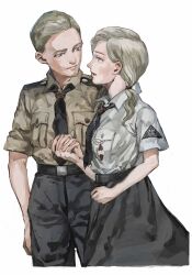 1boy 1girl aged_down badge belt belt_buckle black_belt black_hair black_necktie black_skirt blackletter blue_eyes borrowed_character breast_pocket brown_shirt buckle buttons child closed_mouth collared_shirt commentary cropped_legs diamond_(shape) emblem english_commentary erika_(sebastian_z) friends german_text grey_hair hair_slicked_back hair_tie hand_on_own_thigh highres holding_hands jewelry light_brown_hair long_hair looking_at_another looking_to_the_side low_ponytail nazi necklace necktie open_mouth original parted_hair pocket ponytail sebastian_z shirt short_hair short_sleeves shoulder_boards simple_background skirt translated triangle uniform white_background white_shirt