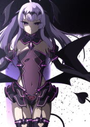 1girl absurdres ahoge amakubo_yuri aoi_tabane bare_shoulders black_gloves black_skirt black_thighhighs black_wings blunt_bangs breasts bright_pupils clothing_cutout corruption covered_navel cowboy_shot dark_persona demon_girl demon_tail demon_wings detached_collar elbow_gloves garter_straps gloves glowing_tattoo gluteal_fold hair_ornament heart heart_tattoo highleg highres kouyoku_senki_exs-tia leotard liberator_(kouyoku_senki_exs-tia) liberator_yuri_(kouyoku_senki_exs-tia) long_hair looking_at_viewer low_wings microskirt navel parted_lips pubic_tattoo purple_eyes purple_hair see-through_clothes sidelocks skirt small_breasts solo standing tail tattoo thigh_gap thighhighs v-shaped_eyebrows wings
