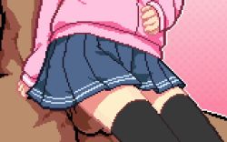 1boy 1girl age_difference anal animated animated_gif black_thighhighs clothed_female_nude_male clothed_sex dark-skinned_male dark_skin hetero loli long_sleeves lowres miniskirt nude penis pink_background pixel_art pleated_skirt qswan sex sex_from_behind simple_background sitting sitting_on_person skirt stomach_bulge thighhighs trembling zettai_ryouiki