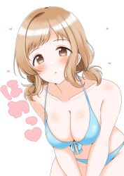 1girl :o absurdres aqua_bikini asymmetrical_bangs bare_arms bare_shoulders bikini blush breasts brown_eyes brown_hair cleavage collarbone cowboy_shot dot_nose front-tie_bikini_top front-tie_top heart highres idolmaster idolmaster_shiny_colors lapisppigeons large_breasts leaning_forward looking_at_viewer low_twintails medium_hair official_alternate_hairstyle parted_lips sakuragi_mano short_twintails solo swept_bangs swimsuit tareme twintails white_background