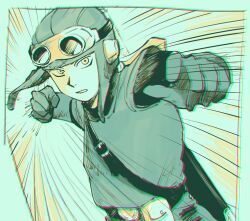1980s_(style) 1boy belt chromatic_aberration dragon_quest dragon_quest_ii emphasis_lines gloves goggles goggles_on_headwear hat highres incoming_attack incoming_punch male_focus mari-mason monochrome oldschool parted_lips prince_of_lorasia punching retro_artstyle solo sword sword_on_back tunic weapon weapon_on_back