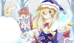2girls 32rhodium62 :d arle_nadja bare_tree blonde_hair blue_eyes blunt_ends blush broom capelet carbuncle_(puyopuyo) closed_mouth cloud cloudy_sky cold collared_capelet cryokinesis day detached_sleeves drawstring dress fur-trimmed_capelet fur-trimmed_footwear fur_trim glowing hand_up happy hat hat_ornament highres holding holding_broom light_brown_hair long_hair long_sleeves looking_to_the_side mittens multiple_girls nose_blush on_ball open_mouth outdoors pom_pom_(clothes) pom_pom_drawstring ponytail puyopuyo puyopuyo_quest running santa_hat sideways_glance sketch_background skirt sky smile snow snowflake_hat_ornament snowflakes snowing standing tree turtleneck turtleneck_capelet white_capelet white_mittens witch_(puyopuyo) yellow_eyes