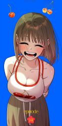 1girl absurdres bare_shoulders blue_background blush breasts brown_skirt cherry childhood_friend_complex closed_eyes eunhi eyelashes food fruit highres large_breasts lee_ha-neul long_skirt official_art open_mouth shirt simple_background skirt smile solo white_shirt