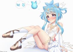 Rule 34 | 1girl, @ @, absurdres, alternate costume, anus, ass, blue hair, blush, breasts, cameltoe, cleft of venus, flat chest, highres, mahiru (princess connect!), princess connect!, pussy, ruinone, sandals, small breasts, star-shaped pupils, star (symbol), symbol-shaped pupils